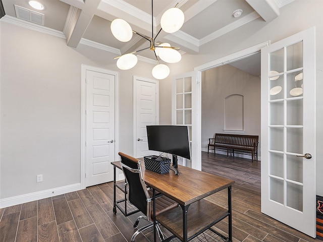 2815 Spring Creek Trl, Celina, TX 75078 - office with dark wood-style flooring, coffered ceiling, beam ceiling, crown molding, and baseboards