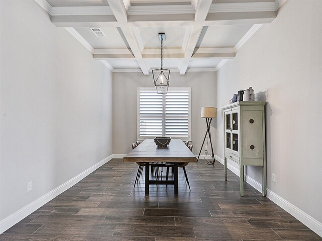 2815 Spring Creek Trl, Celina, TX 75078 - dining room featuring baseboards, coffered ceiling, beamed ceiling, dark wood-type flooring, and ornamental molding