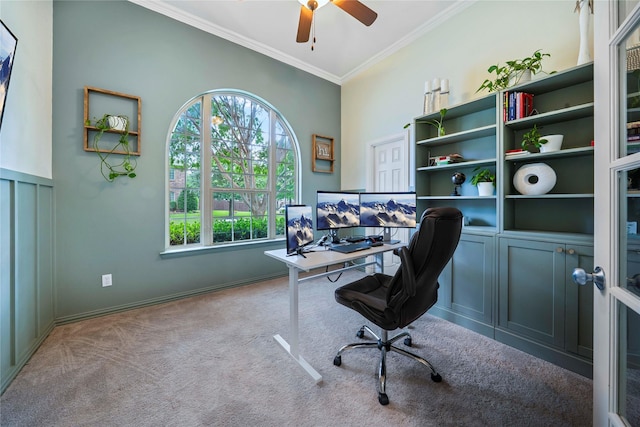 7812 Rockledge Dr, Mckinney, TX 75071 - carpeted home office featuring ornamental molding, ceiling fan, and baseboards