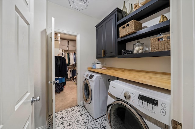 7812 Rockledge Dr, Mckinney, TX 75071 - laundry room featuring cabinet space, independent washer and dryer, light carpet, and light tile patterned floors