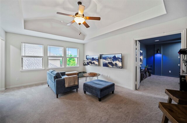 7812 Rockledge Dr, Mckinney, TX 75071 - living area with carpet, lofted ceiling, a ceiling fan, a tray ceiling, and baseboards