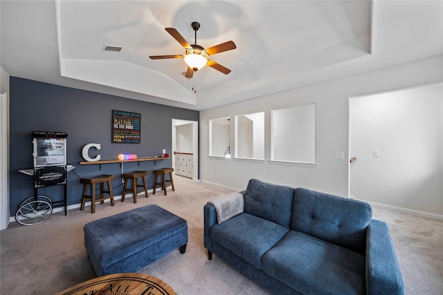 7812 Rockledge Dr, Mckinney, TX 75071 - living area featuring a tray ceiling, carpet floors, ceiling fan, baseboards, and lofted ceiling