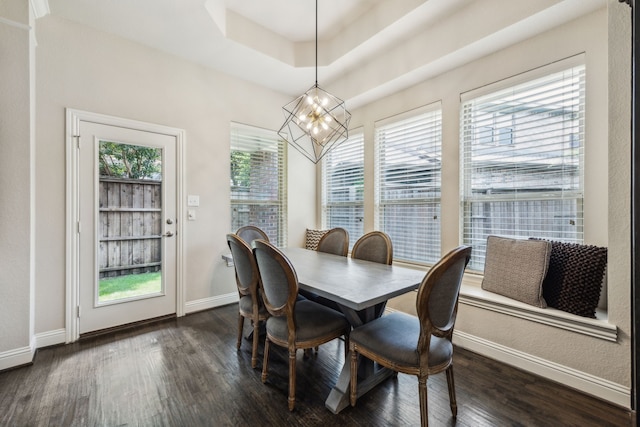 18261 Brighton Grn, Dallas, TX 75252 - dining space with a chandelier, baseboards, and dark wood-type flooring