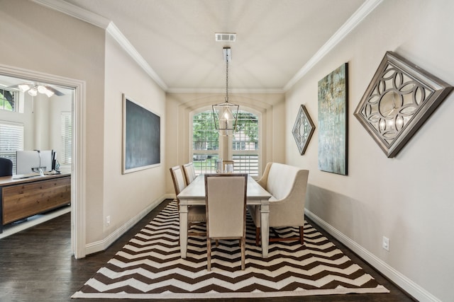 18261 Brighton Grn, Dallas, TX 75252 - dining space with plenty of natural light, ornamental molding, baseboards, a chandelier, and dark wood-type flooring