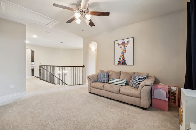 18261 Brighton Grn, Dallas, TX 75252 - living room with attic access, a ceiling fan, carpet, recessed lighting, and baseboards