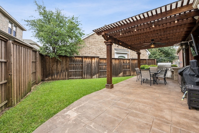 18261 Brighton Grn, Dallas, TX 75252 - view of patio featuring outdoor dining area, a pergola, a ceiling fan, and a grill