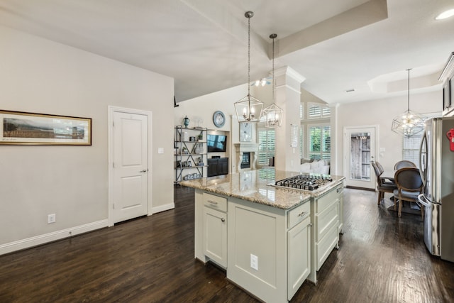 18261 Brighton Grn, Dallas, TX 75252 - kitchen with a chandelier, appliances with stainless steel finishes, lofted ceiling, and dark wood-type flooring