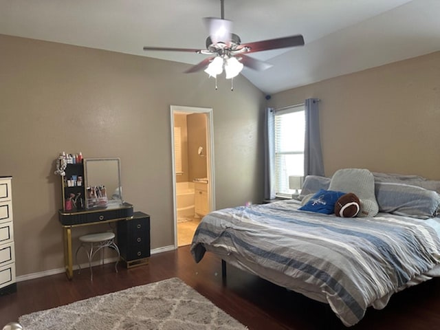 440 Maggie Cir, Flint, TX 75762 - bedroom with wood finished floors, connected bathroom, baseboards, lofted ceiling, and a ceiling fan