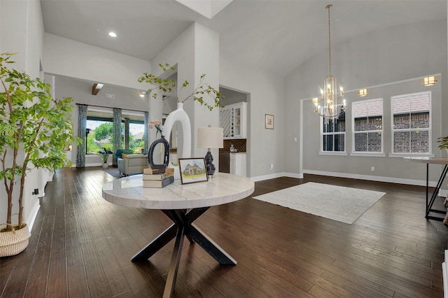 512 Maggie Trl, Allen, TX 75002 - entrance foyer with high vaulted ceiling, a chandelier, dark wood finished floors, baseboards, and recessed lighting
