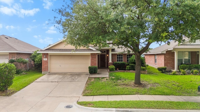 1042 Grimes Dr, Forney, TX 75126 - single story home with a garage, brick siding, driveway, and a front lawn