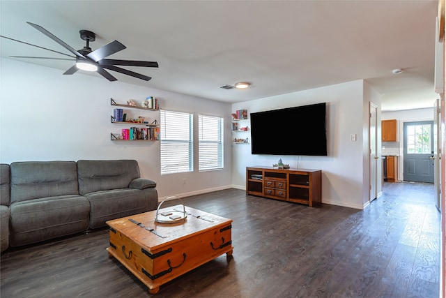 2036 Shawnee Trl, Fort Worth, TX 76247 - living room featuring a ceiling fan, dark wood-style flooring, and baseboards