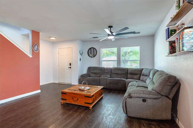 2036 Shawnee Trl, Fort Worth, TX 76247 - living area featuring a ceiling fan, dark wood-type flooring, and baseboards