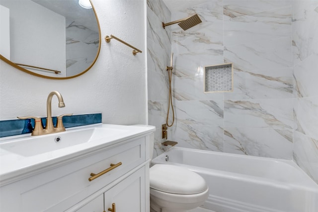 626 Thrush Ave, Duncanville, TX 75116 - bathroom featuring vanity, a textured wall, toilet, and  shower combination
