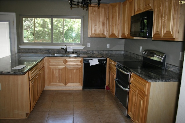 4720 Scots Briar Ln, Fort Worth, TX 76137 - kitchen with black appliances, a sink, dark stone countertops, and a chandelier