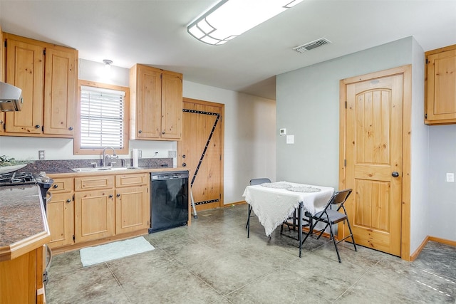kitchen featuring black dishwasher, a sink, light brown cabinetry, tile counters, and baseboards