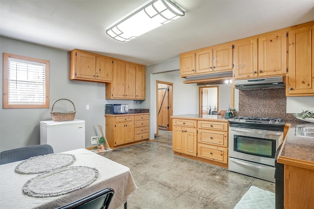 kitchen featuring under cabinet range hood, stainless steel range, refrigerator, tasteful backsplash, and a peninsula