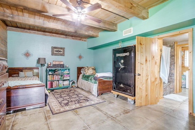 bedroom with wooden ceiling with exposed beams