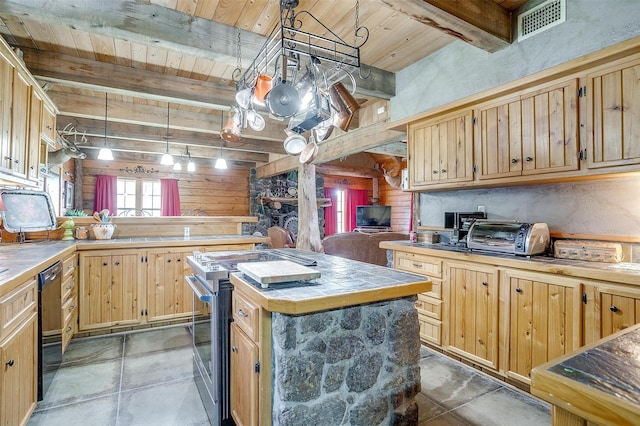 kitchen with stainless steel range with electric stovetop, tile counters, concrete flooring, wood ceiling with exposed beams, and a kitchen island