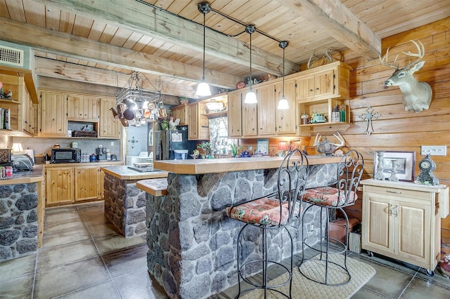 kitchen with open shelves, wooden ceiling with exposed beams, a peninsula, decorative backsplash, and black appliances