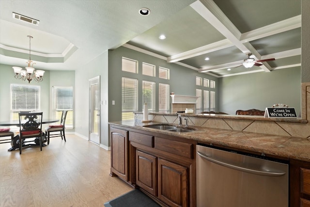 208 Burtonwood Cir, Ovilla, TX 75154 - kitchen featuring dishwasher, a sink, light wood-type flooring, a fireplace, and a chandelier