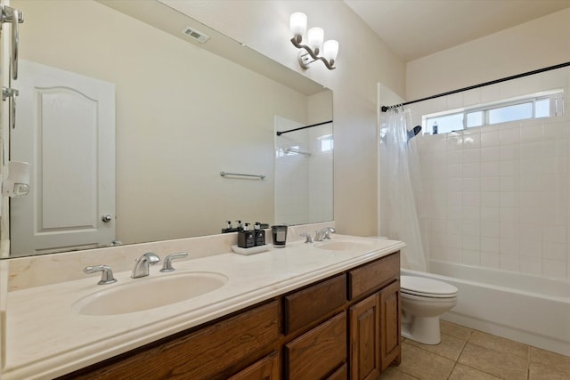 208 Burtonwood Cir, Ovilla, TX 75154 - full bathroom featuring double vanity, shower / tub combo with curtain, toilet, and tile patterned flooring