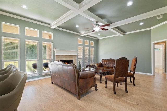 208 Burtonwood Cir, Ovilla, TX 75154 - living area with light wood finished floors, beam ceiling, recessed lighting, a ceiling fan, and coffered ceiling