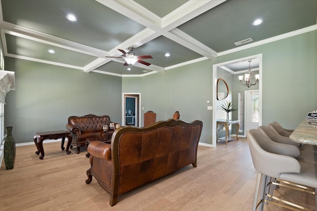 208 Burtonwood Cir, Ovilla, TX 75154 - living area featuring light wood finished floors, baseboards, a chandelier, beamed ceiling, and coffered ceiling