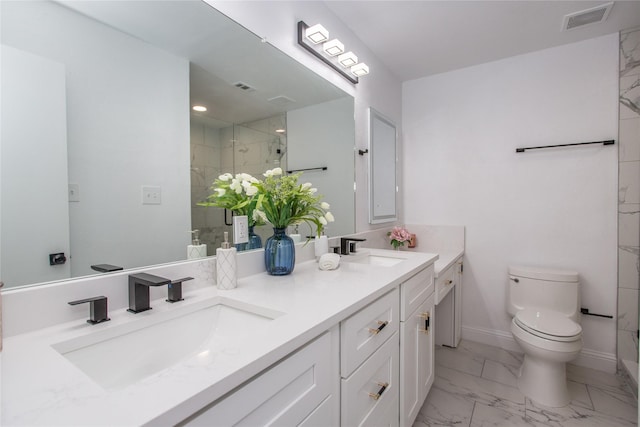 3420 Hampshire Dr, Arlington, TX 76013 - full bathroom featuring double vanity, marble look tiles, a marble finish shower, and toilet