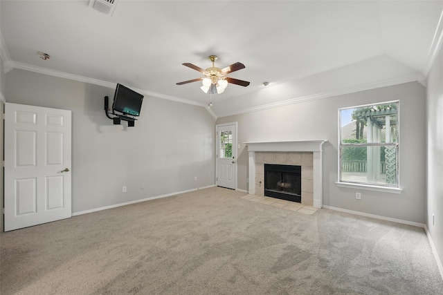 9228 Winslow Ct, North Richland Hills, TX 76182 - unfurnished living room with carpet flooring, ornamental molding, ceiling fan, baseboards, and a fireplace