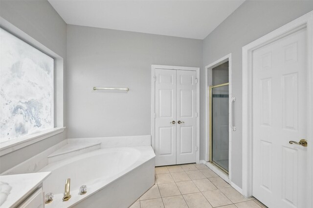 9228 Winslow Ct, North Richland Hills, TX 76182 - bathroom with a bath, tile patterned floors, a shower stall, and vanity