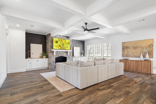 306 Stonecrest Rd, Argyle, TX 76226 - living room featuring a fireplace, dark wood-style floors, ceiling fan, beam ceiling, and coffered ceiling