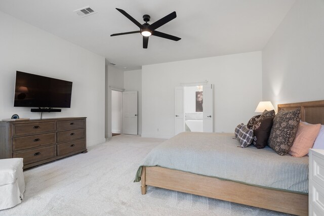 306 Stonecrest Rd, Argyle, TX 76226 - bedroom with light colored carpet, a ceiling fan, and connected bathroom