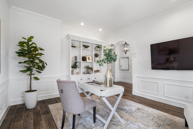 306 Stonecrest Rd, Argyle, TX 76226 - office area featuring dark wood finished floors, a wainscoted wall, recessed lighting, crown molding, and a decorative wall
