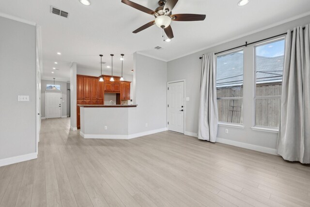 9718 Prestmont Pl, Frisco, TX 75035 - unfurnished living room with light wood finished floors, ceiling fan, ornamental molding, recessed lighting, and baseboards