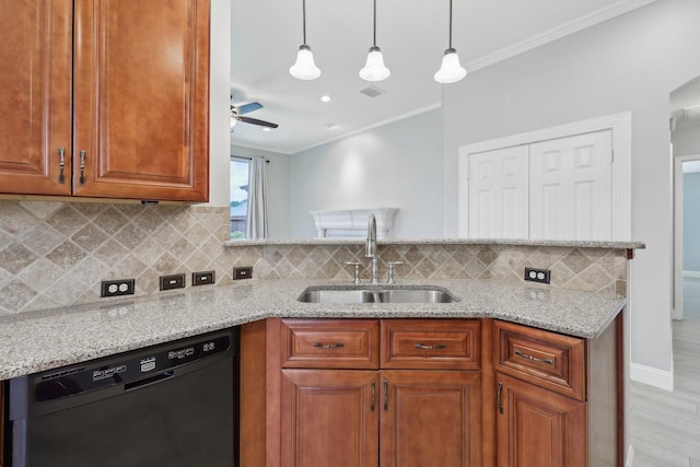 9718 Prestmont Pl, Frisco, TX 75035 - kitchen with black dishwasher, a sink, ornamental molding, tasteful backsplash, and brown cabinetry