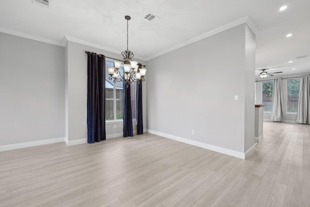 9718 Prestmont Pl, Frisco, TX 75035 - empty room with a chandelier, light wood finished floors, recessed lighting, a ceiling fan, and baseboards