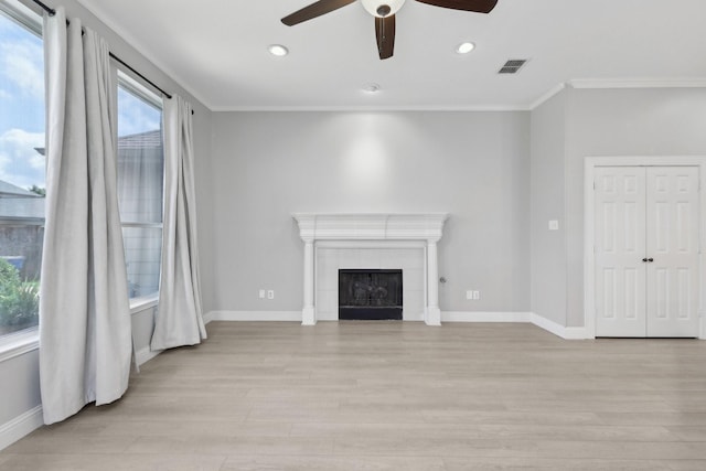 9718 Prestmont Pl, Frisco, TX 75035 - unfurnished living room featuring ceiling fan, light wood-style floors, ornamental molding, baseboards, and recessed lighting