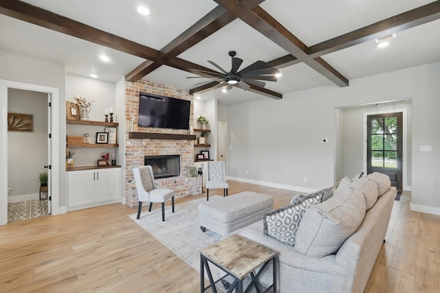 1020 Sky Rd, Weatherford, TX 76087 - living area with light wood finished floors, coffered ceiling, beam ceiling, baseboards, and a ceiling fan