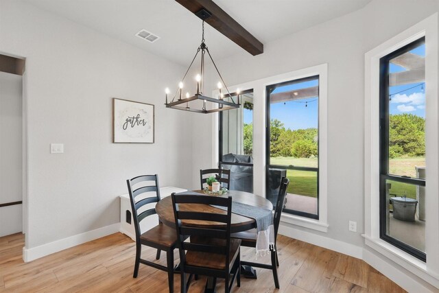 1020 Sky Rd, Weatherford, TX 76087 - dining room featuring beamed ceiling, a chandelier, light wood finished floors, and baseboards