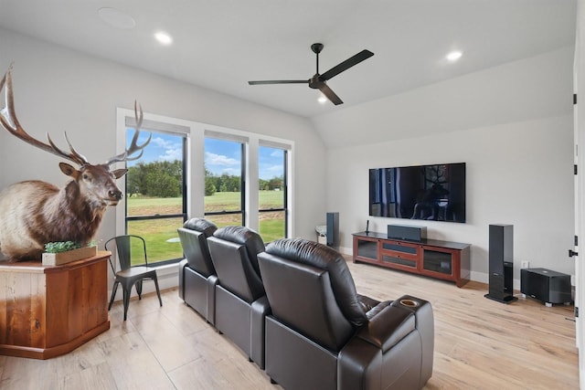 1020 Sky Rd, Weatherford, TX 76087 - living room with ceiling fan, vaulted ceiling, light wood-style floors, and recessed lighting
