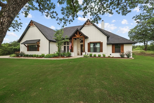 1020 Sky Rd, Weatherford, TX 76087 - modern inspired farmhouse featuring a chimney, a front lawn, and a shingled roof