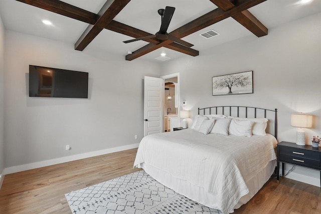 1020 Sky Rd, Weatherford, TX 76087 - bedroom with coffered ceiling, wood finished floors, beam ceiling, baseboards, and recessed lighting