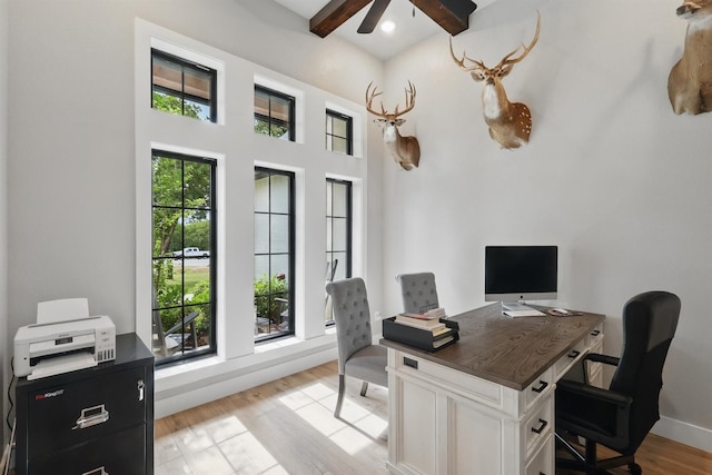 1020 Sky Rd, Weatherford, TX 76087 - office space featuring light wood finished floors, a ceiling fan, beamed ceiling, a towering ceiling, and baseboards