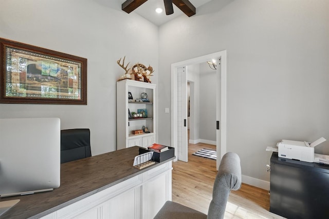 1020 Sky Rd, Weatherford, TX 76087 - office with ceiling fan, light wood-type flooring, beam ceiling, baseboards, and a chandelier