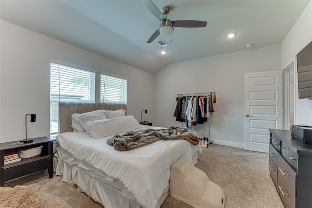 508 Vasant Dr, Royse City, TX 75189 - bedroom featuring light carpet, a ceiling fan, vaulted ceiling, recessed lighting, and baseboards