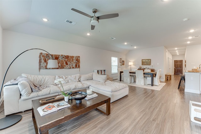 508 Vasant Dr, Royse City, TX 75189 - living room featuring a ceiling fan, light wood-style floors, recessed lighting, baseboards, and lofted ceiling