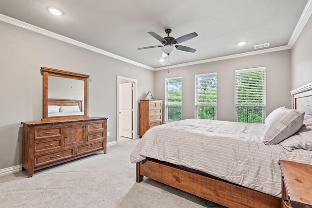3723 Parkwood Ln, Denison, TX 75020 - bedroom with light colored carpet, crown molding, baseboards, recessed lighting, and ceiling fan