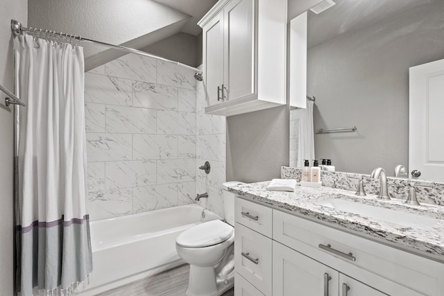 3723 Parkwood Ln, Denison, TX 75020 - bathroom featuring vanity, shower / bathtub combination with curtain, toilet, and wood finished floors