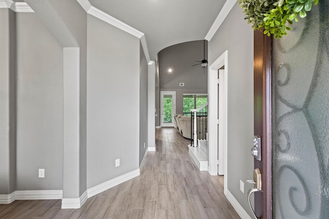 3723 Parkwood Ln, Denison, TX 75020 - foyer featuring light wood-type flooring, baseboards, a ceiling fan, and crown molding