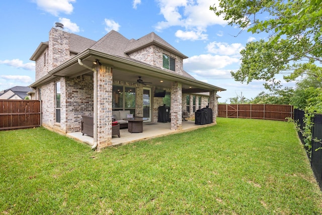 3723 Parkwood Ln, Denison, TX 75020 - back of property featuring a ceiling fan, outdoor lounge area, a patio area, brick siding, and a chimney